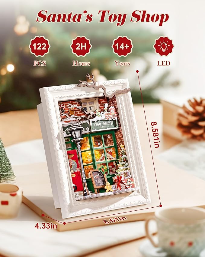 Rolife 3D Diorama Frame, Wall-Mounted Shadow Box & Dollhouse Display Case for & Christmas Decor, Quick-Build Unfinished Kit, Halloween Memorial Gift for Families (Santa's Toy Shop)