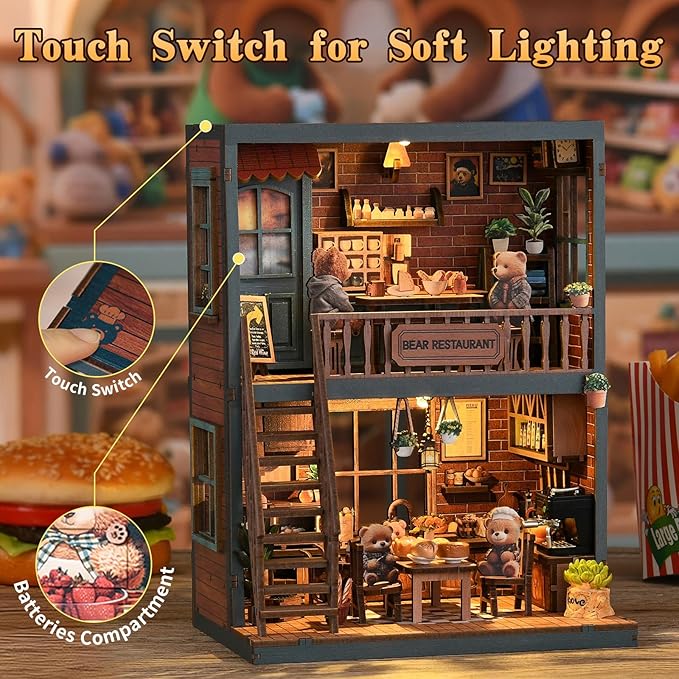 Hallisun DIY Miniature House Kit, Mini 3D Wooden Bear Restaurant Building Kit with Furniture and LED, Tiny Diorama Dollhouse Model Set, Handmade House Craft Birthday for Adults Teens