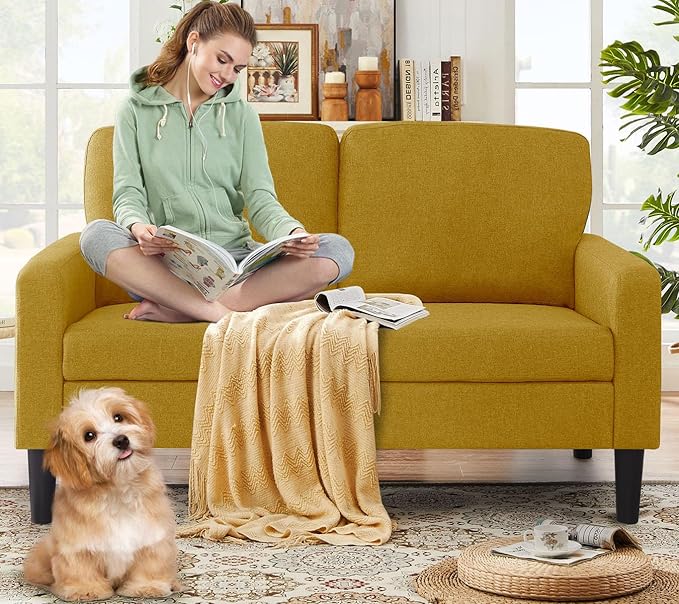 asunflower Small Loveseat Sofa 52 Inch Office Couch Yellow Comfy Linen Fabric 2 Seater Sofa Small Space Couch Tool-Free Assembly Love Seats for Bedroom,Drom Room,Kid's Room