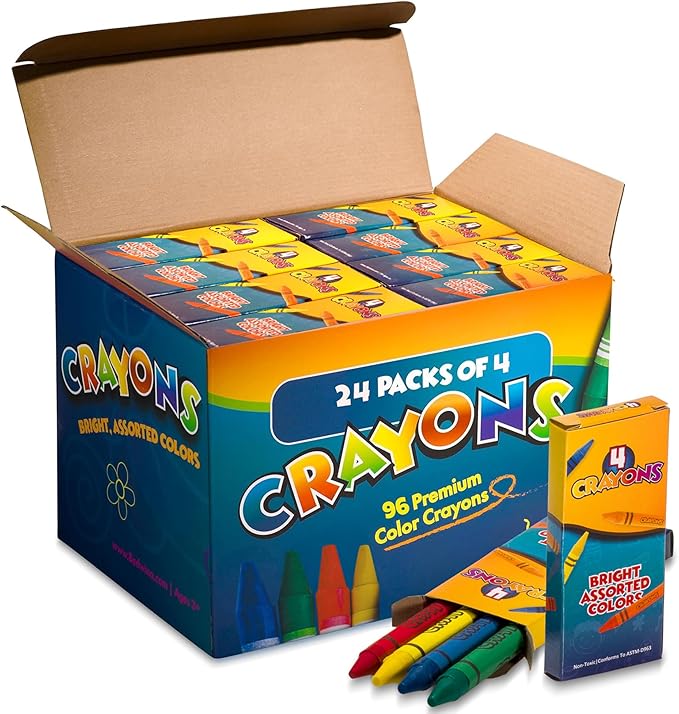 Bedwina Bulk Crayons - 96 Crayons - (Box of 24 Packs) - 4 - Per Pack, Premium Bright Colors for Kids and Toddlers, Non-Toxic for Coloring, Party Favors, Restaurants, Goody Bags, Stocking Stuffers
