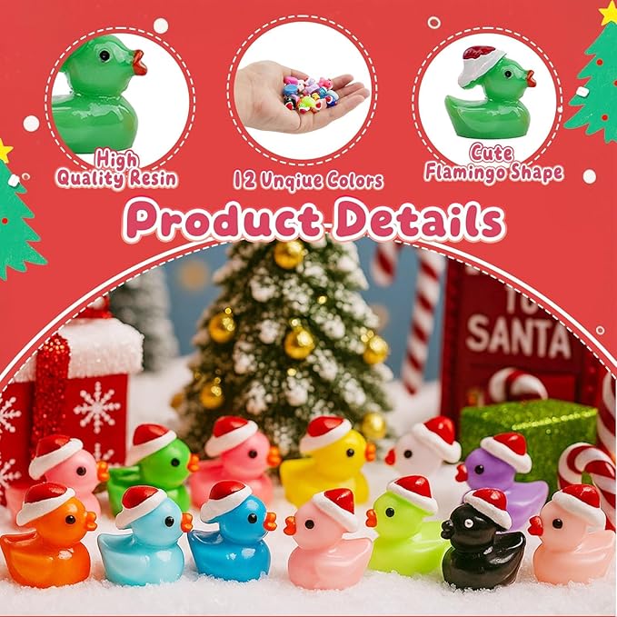 160Pcs Dollhouse Mini Resin Ducks with Hat Tiny Christmas Accessories Miniature Animals Bulk for Dollhouse Decor Micro Fairy Garden Landscape Aquarium Holiday Party Toys DIY Craft Kids Gift
