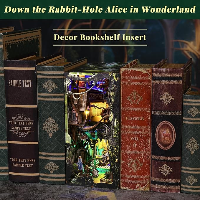 Book Nook Kit, Booknook Kit with Dust Cover for Adult DIY Miniature House Kit 3D Wooden Puzzle Decorative Bookend Bookshelf Decor Gift for Women Teens (Alice Down The Rabbit Hole)