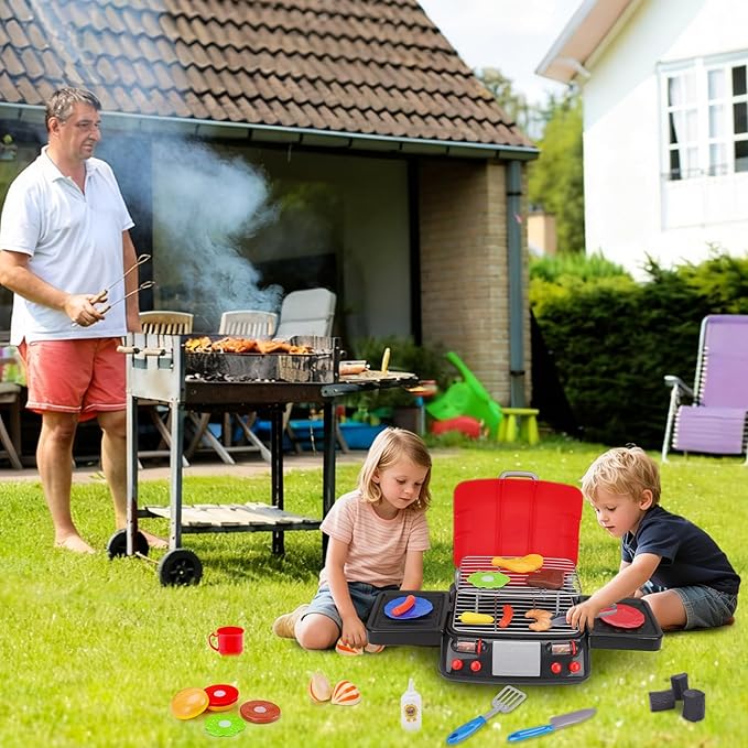 Kids Grill Playset Kitchen Toys with Apron Hat for Cooking Food Smoke Light Outdoor Pretend Play Accessories BBQ Outside Camping Barbecue Toddler Boy Toy 3 4 5 Year Old 4-8 Birthday Gift Valentine