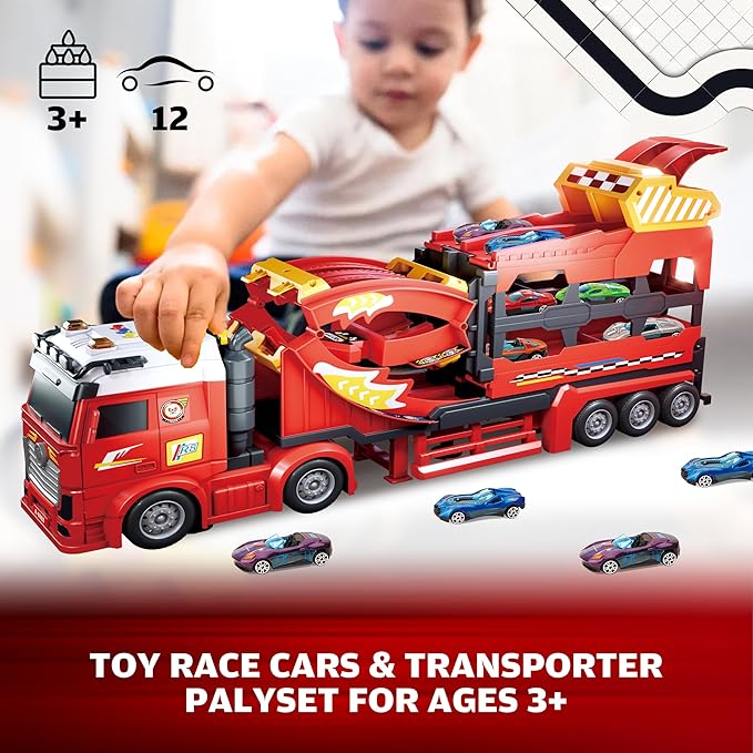 3in1 Carrier Truck Race Track Toddler Toys, Carrier Toy Truck w/45 Inch Foldable Race Track, 12 Die Cast Cars Toys for Ages 2-4, Semi Truck Toy w/Light & Sound, Kids Play Cars & Race Car Toys for Kids