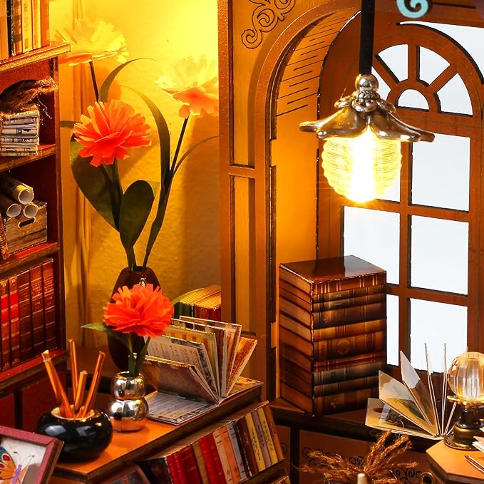 Quanquer Miniature House Kit: Magic Book Store Book Nook with Furniture and LED Light - DIY Kits for Adults - Wooden Doll House - Great Handmade Craft Model - Tiny House Decor Ideal Gifts