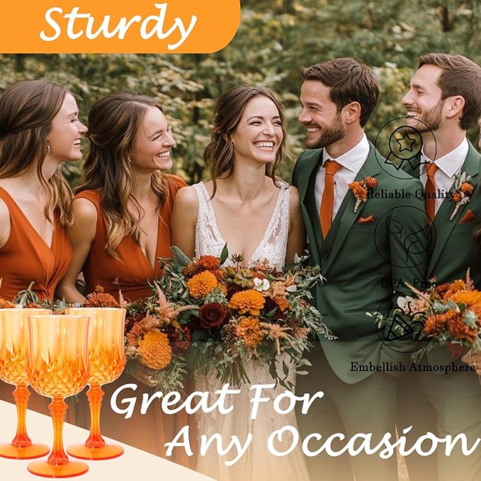 LEYIQU Plastic Wine Glasses, Plastic Goblets Vintage Style Cordial Drinking Glasses for Valentine’s Day, Wedding Reception, Grand Event Party Supplies (12, Pumpkin orange)