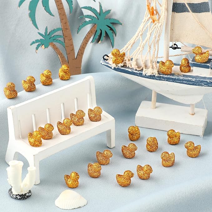 Yaocom 100 Pcs Mini Glitter Golden Duck Statue Bulk Golden Duck Figurines Micro Garden Landscape Dollhouse Cake Decoration Potted Plants DIY Craft Charms for Party Christmas Thanksgiving Gift