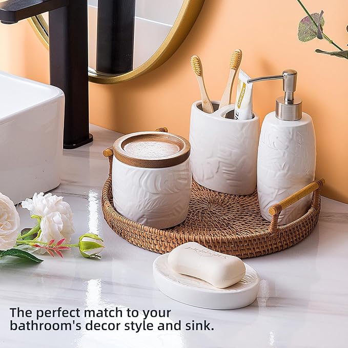 Bathroom Accessories Set,Leaf Design Bathroom Accessory Set,4 PCS Ceramic Gift Set Apartment Necessities, Contain Cotton Swab Jar,Soap Dispenser,Soap Dish,Tumbler White
