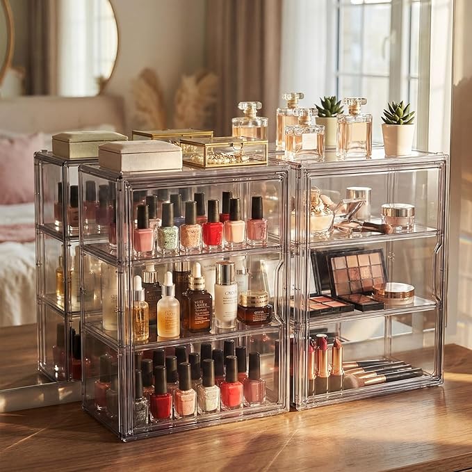 2 Pcs Clear Acrylic Display Case 3 Tier Display Shelf Storage Boxes Cabinet Organizer with Magnetic Door for Figures Toys (Gray)