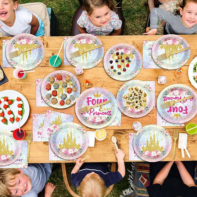 96Pcs Princess Birthday Party Supplies Four Ever a Princess Plate and Napkin Watercolor Pastel Rainbow Castle 4th Birthday Paper Dinner Plate Fairytale Party Tableware Dinnerware Set for Girl Serve 24
