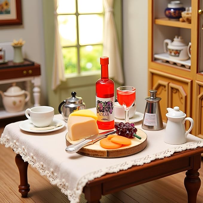 1 Set 1:12 Scale Miniature Wine Cheese and Board Set Minis Dollhouses Kitchen Dining Room Food Accessories Model Pastries Toy, DIY Micro Scene Decor