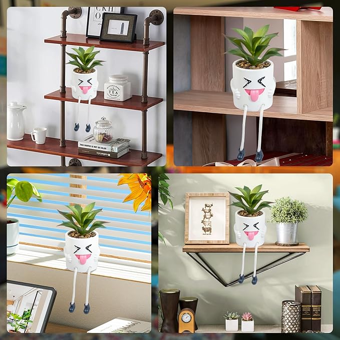 LUZOGA Fake Plant Mini Potted Succulents with Hanging Leg White Cute Pot Creative Artificial Succulent Plants in Funny Pot Faux Succulents for Home Office Shelf Desk Decor and Gift Choice