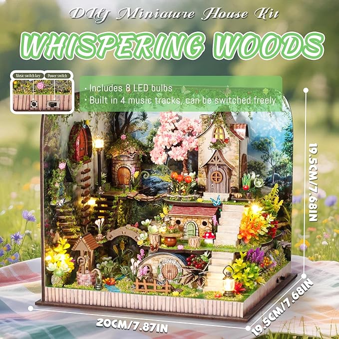 Kisoy DIY Miniature House Kit, Tiny House Building Kit with Furniture and LED Light for Adults and Teens, DIY Mini House Craft Kit, Decorations/Gifts for Family and Friends (Whispering Woods)