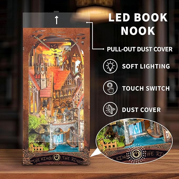 Book Nook Kit with LED Light - 3D Wooden Puzzles Book Nook for Book Shelf Decor - DIY Dollhouse Kit - Book Nook Decor with Dust Cover - Magic Book Nook (SQ-05)