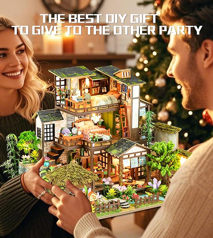 Spilay Miniature Dollhouse Miniature House Kit, DIY Kit Mini Modern Villa Model with Music Box, Best Christmas Birthday Gift.(Bamboo Spring Courtyard)