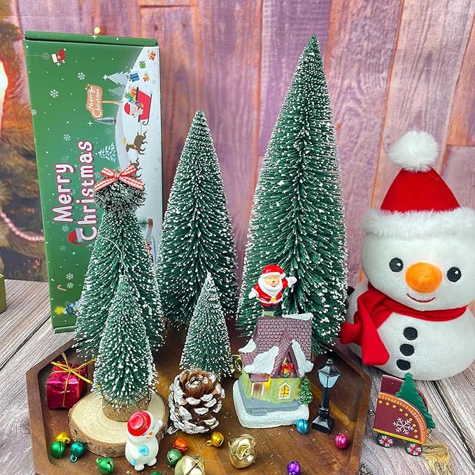 MTKZKAF 5 PCS Table top Christmas Pine Tree Bottle Brush Christmas Trees with Wooden Bases for Village Holiday Party Christmas Table Decor