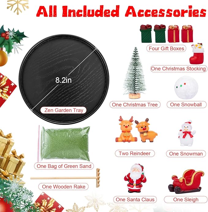 Christmas Zen Garden Kit for Desk –8.2'' Mini Zen Garden Desktop Decor with Christmas Accessories, Home Office Desk Decorations Ideal Holiday Decor Gifts for Family and Friend