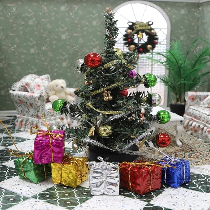 iLAND Dollhouse Accessories Mini Christmas Tree with Lights 6 inch Dollhouse Christmas Decorations CuteTiny Xmas Tree Miniature Decor 1/12 Scale Accessories Shining Small Gifts