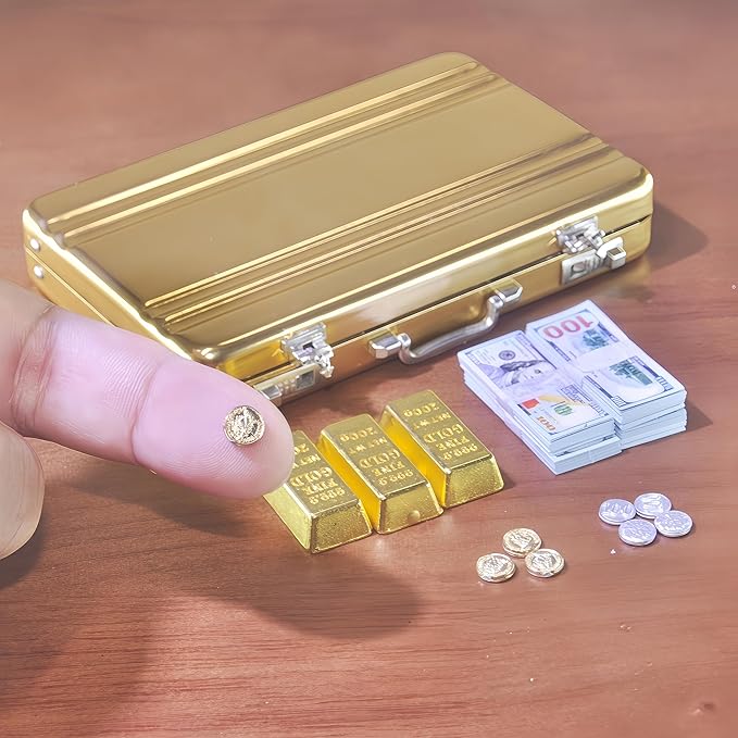 1:6 Scale Miniature Gold Briefcase Gift Set with Fake Gold Bars, 180Pcs Mini $100 Dollar Bills & Vintage Coins | Unique Collectible Display, Dollhouse Accessory & Fun Novelty Gift for Adults