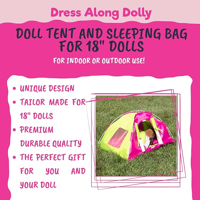 Doll Camping Bed Tent w Sleeping Bag & Pillow - Premium Handmade Furniture Accessories for 18" Dolls - Large Sized -23"x 15"x14"