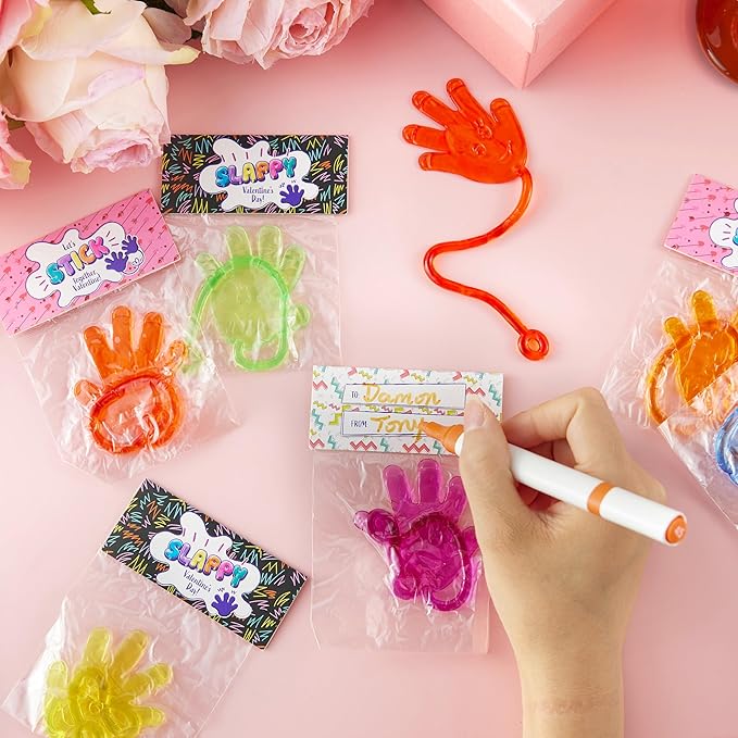 JOYIN 28 Packs Valentines Day Sticky Hands with Card Headers for Kids Party Favor, Classroom Exchange Prizes, Valentine’s Day Greeting Cards, Party Favors and Exchange Gifts