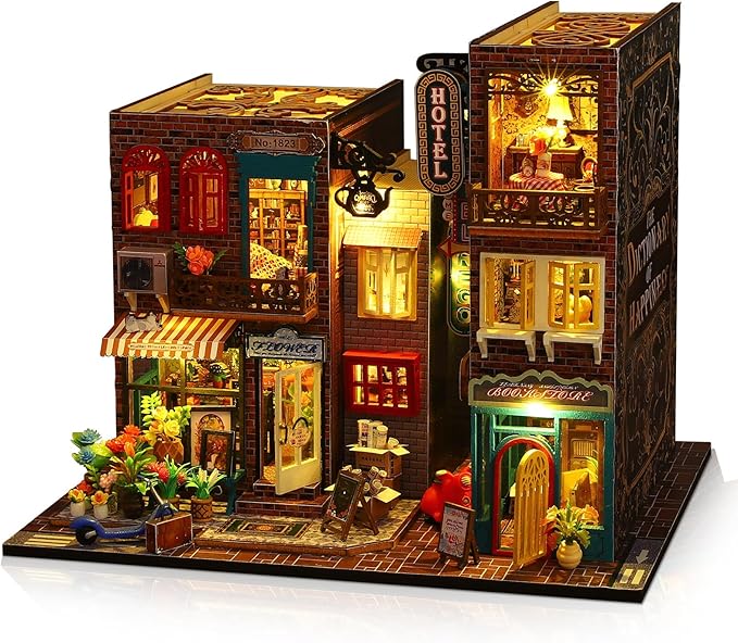 DIY Miniature House Kit, Tiny 3D Wooden Street Scene, Mini Dollhouse Bookshelf Decor Kit with Dustproof Cover & Music Movement, Creative House Craft for Adults, Gift for Family and Friends