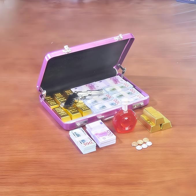 1:6 Scale Miniature Briefcase Set - Includes Fake Gold Bars, Bundles of $100 Mini Dollar Bills, Vintage Coins and Mini Weapons - Unique Adult NoveltyToy & Dollhouse Accessories (Pink)