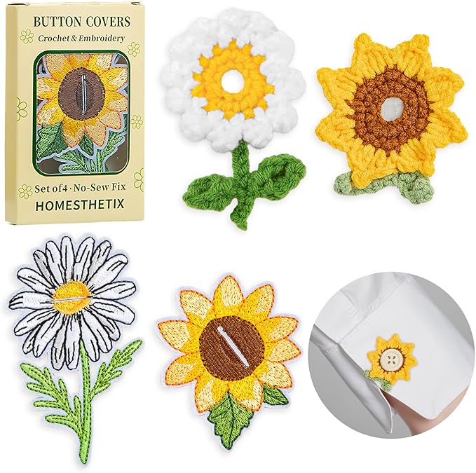 2 Handmade Crochet & 2 Embroidered Button Covers for Women Blouses, Shirts & Jeans – No-Sew Floral Button Covers – Gift-Ready Stocking Stuffer for Mom & Women, White Elephant Gift, Christmas Gift