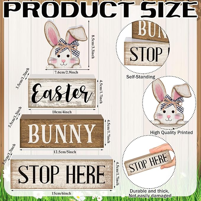 Moucuny 4 Pcs Easter Table Decoration Wooden Rabbit Easter Tiered Tray Decor Cute Bunny Centerpiece Rustic Wooden Bunny Block Sign Farmhouse Holy Week Party Decoration for Home Kitchen Shelf