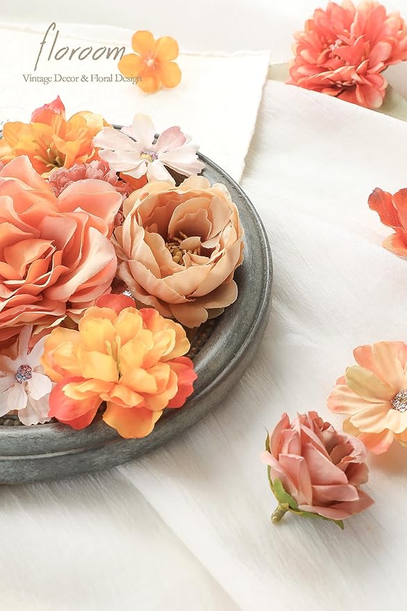 Floroom Mini Artificial Flower Heads Burnt Orange & Terracotta Fake Peony Daisy Rose Multicolor Small Faux Silk Flower Heads for Cake Craft Garland Wedding Party Graduation Cap DIY Home Decoration