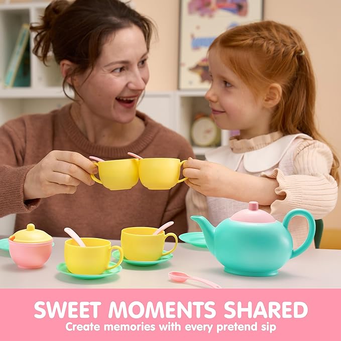 JOYIN 18PCS Pretend Tea Party Set Play Food Accessories BPA Free, Phthalates Free, Plastic Tea Set, Mini Kitchen for Kids, Gifts for Toddler Boys Girls, Gift for Christmas