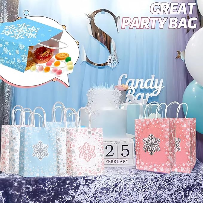 CZWXOXO 24 Pieces Snowflake Party Favors Bags Bulk with Handles Winter Frozen Reusable Paper Gift Bags Winter Treat Goodie Candy Bags for Snowflake Christmas Birthday Holiday Party Supplies