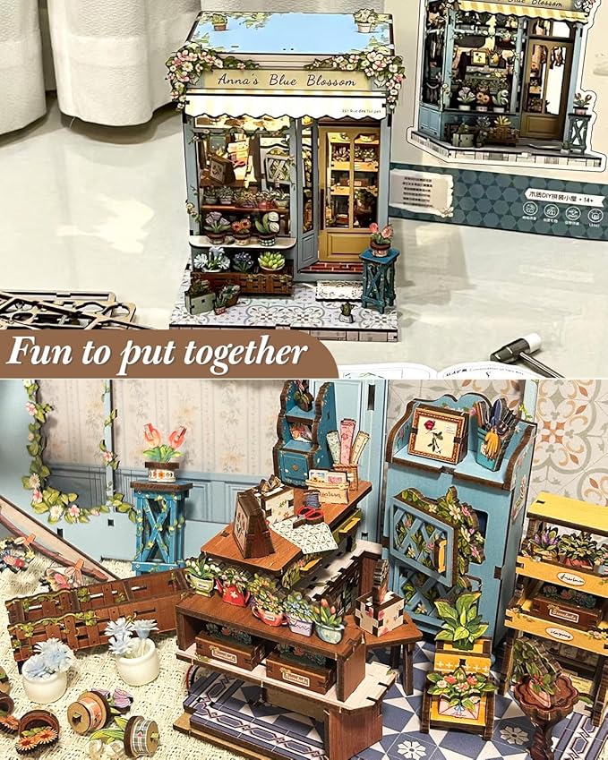 CUTEBEE Book Nook Kit - DIY Miniature House Dollhouse Kit for Adults, Booknook Tiny House Bookshelf Decor 3D Wooden Puzzle, Gifts for Family and Friends (Anna's Blue Blossom)