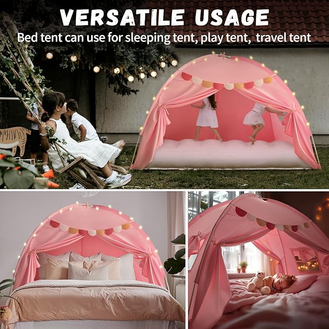 Razee Full Size Bed Canopy for Kids, Girls Bed Tent Dream Privacy Playhouse Floor Sleeping Tents Indoor, Toddler Under Bunk Bed Pink Tent with Pennant Banners, Kid House Toys for Birthday Gift