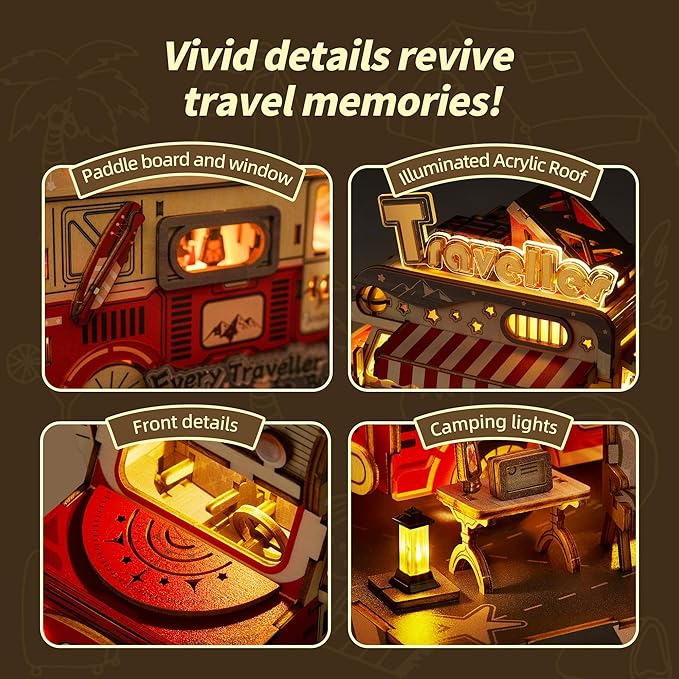3D Puzzle Travel Truck Puzzle Model -DIY Miniature Kit Dollhouse Food Truck Wooden Model with LED Lights - Unique Gift for Adults and Kids (Travel Truck)