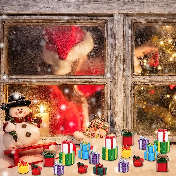 56 Pcs Mini Resin Presents,Christmas Figurines Miniature Boxes Tiny Gift Box Figurines Mini Christmas Ornaments for Xmas DIY Craft Tree Village Dollhouse Decor