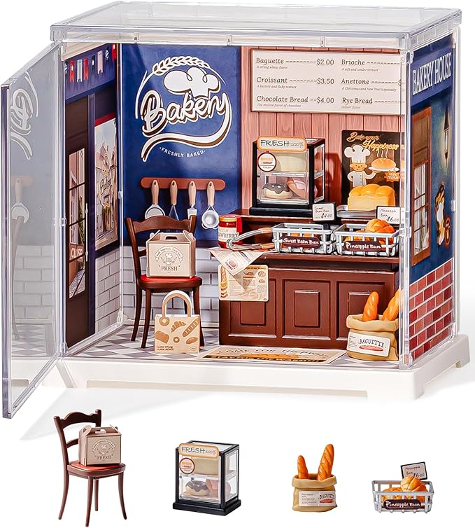 Rolife Super Creator Mini Store Playset DIY Miniature Kit with Dust Cover - House Toy Building Set Display Mini Collectibles Role Play Doll Figurines (Butter Bakery House)