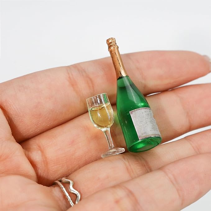 Lot of 10 Miniature Champagne Wine Glass and Bottle for 1:12 Dollhouse Decor, Cake Topper Ornament, Mini Alcohol Liquor Beer Small Can Cocktail Simulation Accessories for Adult (4 Glass, 6 Bottle)