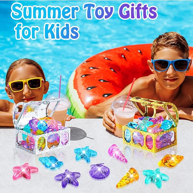 MARFOREVER 38 Pcs Pool Toys, 36 Diving Gems for Kids Colorful Sinking Diving Gems Assorted Crystals Gems with 2 Pirate Treasure Chest Boxes Mesh Bag for Boys Girls Swimming Beach Bathroom Water Toys