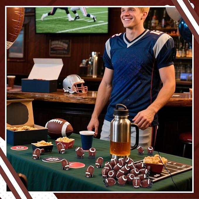50 Pcs Mini Football Figurine for Crafts Resin Miniature Football with Base Small Sports Ball Mini Sport Balls Simulation Model for DIY Birthday Gift Bag Stuffer Party Decor Cake Topper