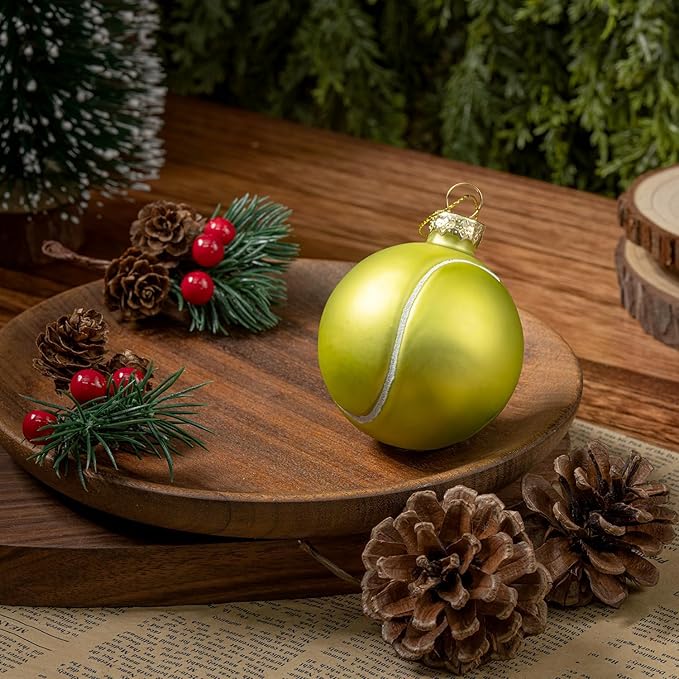2.36” Christmas Tennis Ball Glass Blown Ornament, 2025 Hand-Painted Small Mini Sports Ball Decoration for Boys and Girls, Xmas Tree Holiday Decor Kids Themed Party Gifts