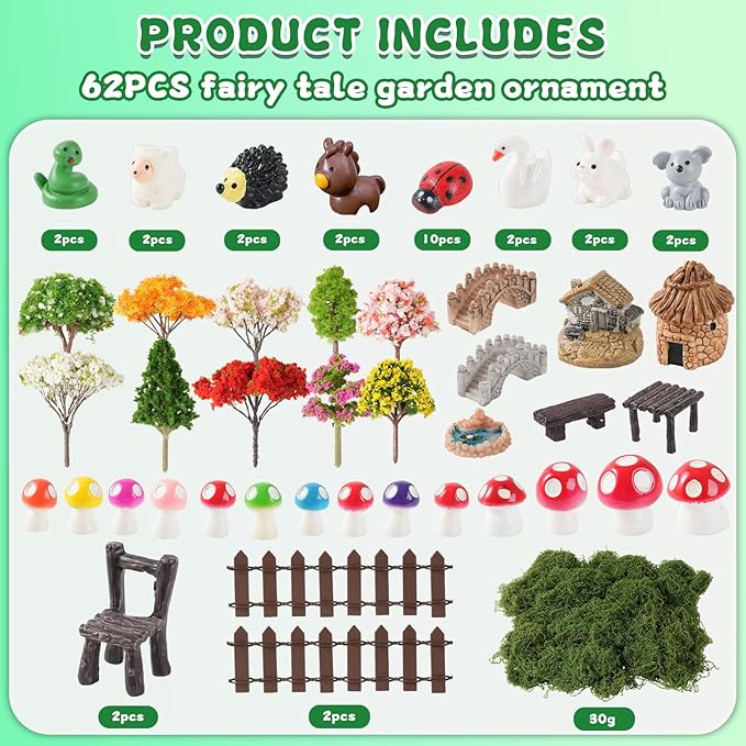 62 Pcs Mini Fairy Garden Accessories Outdoor, Fairy House Accessories Including Resin Animals, Miniature Figurines Micro Landscape Ornaments, Outdoor Fairy Garden Decor Kit