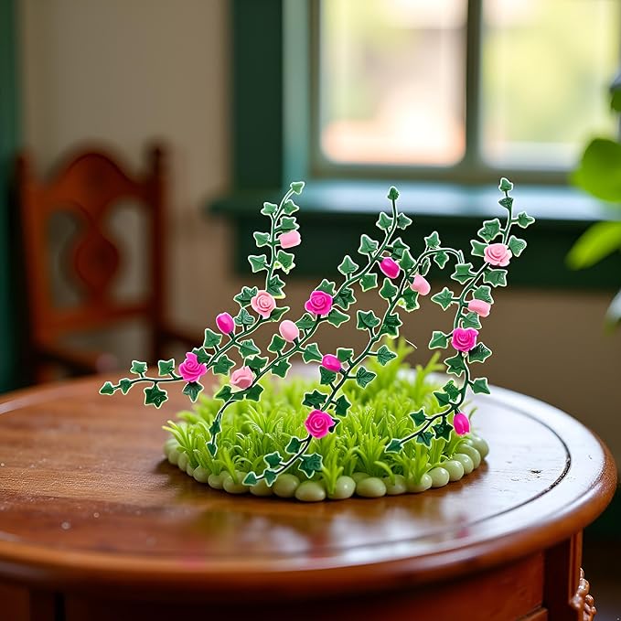 Mini Simulation Flower Strips and Vines Micro Landscape, 1:12 Miniature Model Mini Garden Scene Props Decoration, Dollhouse Décor（5.12in）