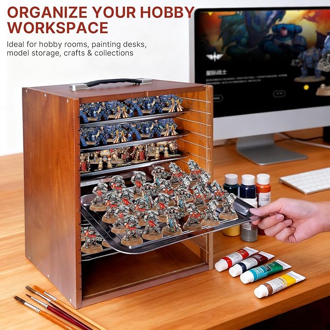Miniature Display Case with 6 Removable Trays, Wooden Collectibles Storage Box with Clear Lid, Portable Miniatures Organizer for Tabletop Figurines & Models (Reddish Brown)