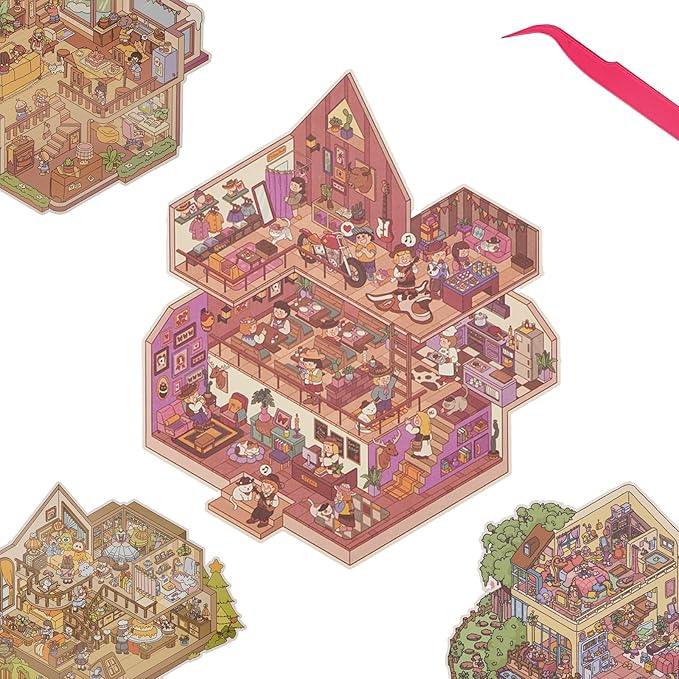 Extra Large Scene Sticker Set Include 4 Big Size 3D DIY Sticker with Background Card & Tweezer: Party Theme Isometric Miniature Creative Play Kit, Gifts for Teens Adult Stress Relief Pass Time