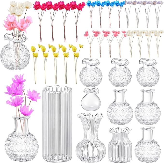 Civaner 35 Pcs Miniature Dollhouse Accessories Included 10 Small Vase Model 25 Fake Flower vases, Miniature Stuff for Tiny Houses Decoration DIY Micro Landscape Items