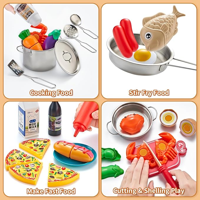 Pretend Play Accessories - 52pc Kids Kitchen Playset with Play Food, Stainless Steel Cookware, Toys Pots and Pans, Toddler Kitchen Set with Cuttable Toy Food - Boys and Girls Gift