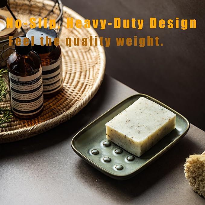 Ceramic Soap Dish for Shower, Non-Slip Bar Soap Saver Tray Bar for Bathroom Kitchen Sink Bathtub, Easy to Clean, Raised Pattern - Keep Soap Dry, Dark Green