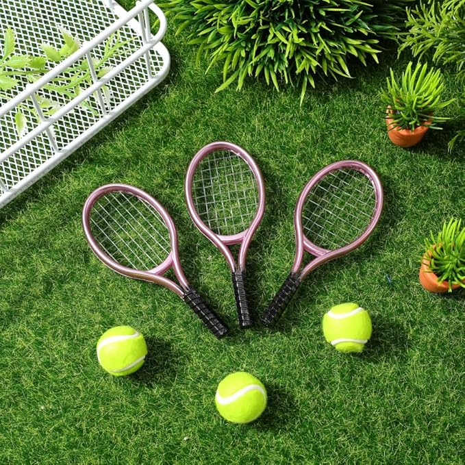 STOBOK Miniature Tennis Racket and Ball Set 3.54 Inch Dollhouse Sports Accessories for 1 12 Scale Decor Photography Props Mini Tennis Toy for Kids and Craft Projects