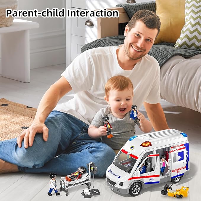 Play Ambulance Toy for Kids 3 4 5 6 7 8 Years Old - Friction Powered Truck with Light and Sound, Carrier Vehicle with Figures Toys, Gifts for Boys Girls Age 3-12